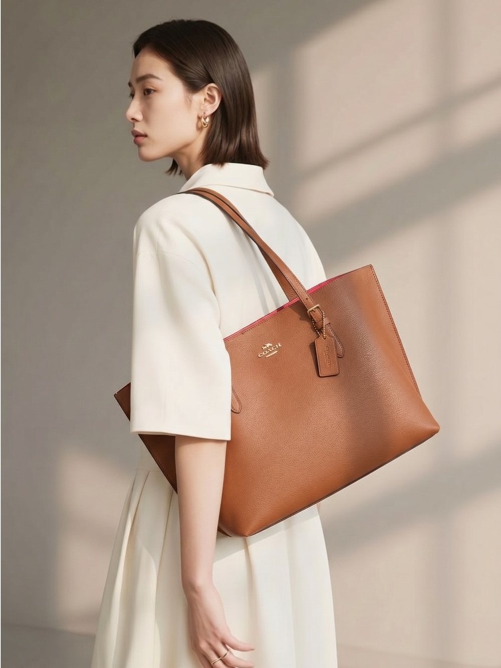 Coach Mollie Pebbled Leather Tote in Saddle Brown with Red Trim